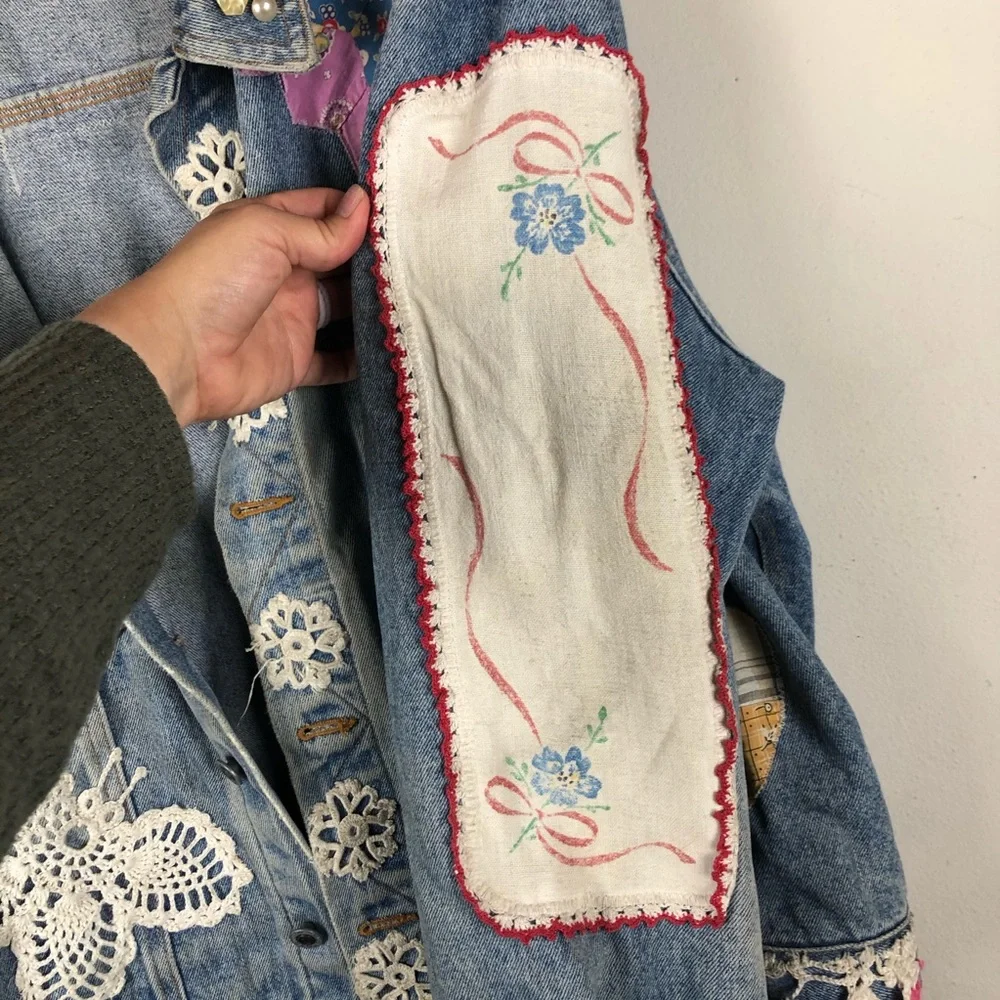 Embellished Blue Jean Jacket Crochet Patchwork - Picture 8 of 14